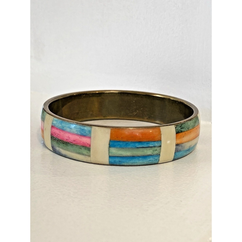 Vtg Colorful Mosaic Inlay 8 Inch Brass Bangle Bracelet 1970's Dyed Bovine Bone